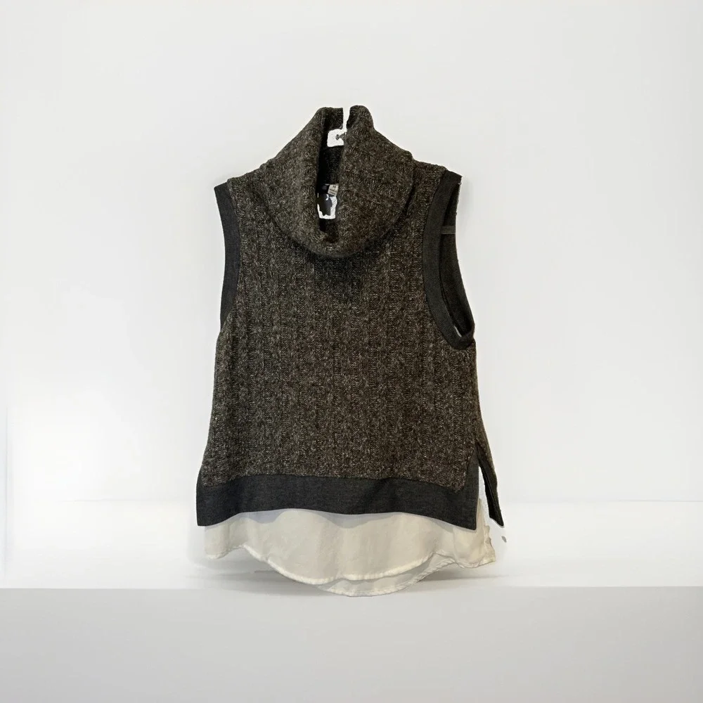 Greylin Sweater Vest Women M Brown Layered Cowl Neck Sleeveless Knit Chiffon
